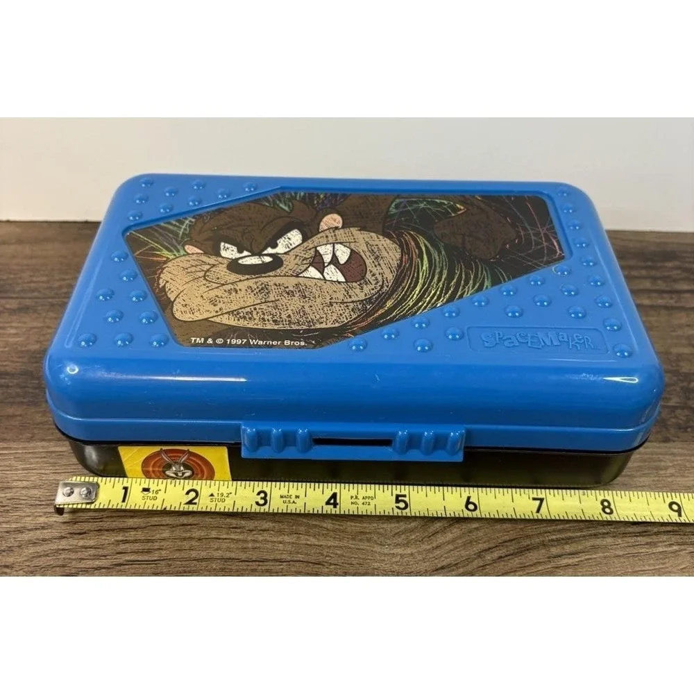 VTG Looney Tunes Taz Spacemaker Pencil Box Storage Case Blue Retro USA